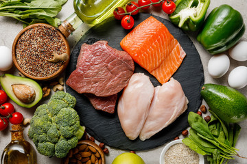top view of raw meat and fish among fresh vegetables, ketogenic diet menu