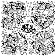 Line art vector hand drawn doodles cartoon set of Nail Salon combinations