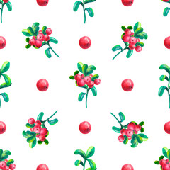 Hand-drawing botanical seamless pattern with cowberry with leaves. Watercolor illustration. Use for textile print, wrapping paper, packaging design food, jam, juice, ice cream, cosmetics.