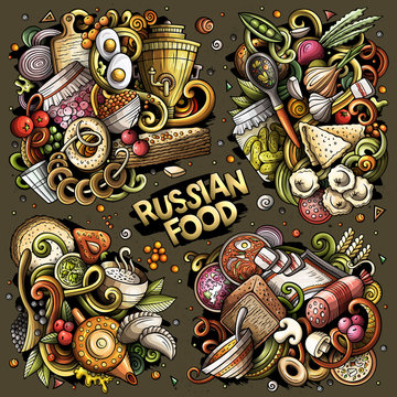 Colorful vector hand drawn doodles cartoon set of Russian food combinations
