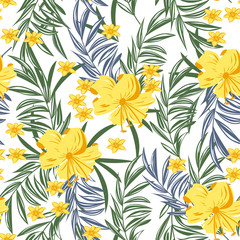 Summer abstract seamless pattern with colorful tropical leaves and plants on white background. Vector design. Jungle print. Flowers background. Printing and textiles. Exotic tropics. Fresh design.