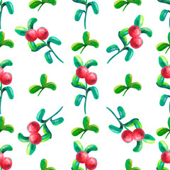 Hand-drawing botanical seamless pattern with cowberry with leaves. Watercolor illustration. Use for textile print, wrapping paper, packaging design food, jam, juice, ice cream, cosmetics.