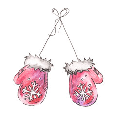 A pair of red knitted mittens on a white background. Watercolor and gel pen Christmas illustration.
