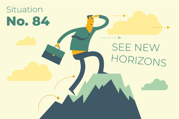 Business infographics with illustrations of business situations. businessman stands on top of success mountain. Top manager, leader achieved the goal. Vector illustration flat design.