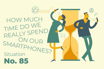 Illustration of cartoon character for web design, presentation, infographic, landing page: How much time men and women spend on the Internet. Virtual life, social networks, Dating and communication.