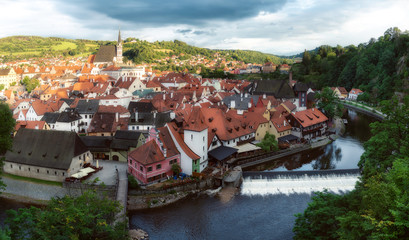 Fototapeta na wymiar Panoramic photograph of the views of Cesky Krumlov, Czech Republic.