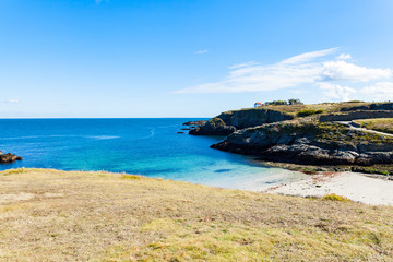 landscape beach rocks cliffs shores at Belle Ile en Mer at the point of foals in Morbihan
