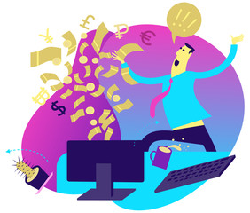 Illustration of a cartoon character for web design, presentation, infographic, landing: winnings or big profits on the Internet, networking