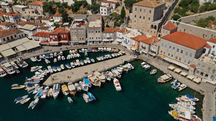 Aerial drone panoramic photo of picturesque port and main village of Hydra or Ydra island with...