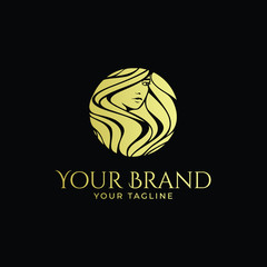 luxury logo template of woman's face with beautiful and waving hair in gold color