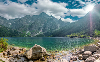 Beautiful landscape of the lake Morske Oko (Sea Eye) on a clear sunny day, Zakopane, Poland, High Tatras - obrazy, fototapety, plakaty