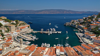 Obraz premium Aerial drone photo from picturesque main town of Hydra or Ydra island, Saronic gulf, Greece