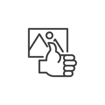 Liked poster line icon. Thumb up and gallery photo linear style sign for mobile concept and web design. Like, image outline vector icon. Positive feedback symbol, logo illustration. Vector graphics
