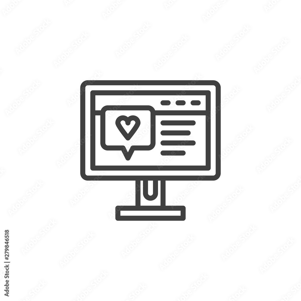 Fototapete Like chat comment line icon. linear style sign for mobile concept and web design. Computer monitor with heart text outline vector icon. Symbol, logo illustration. Vector graphics