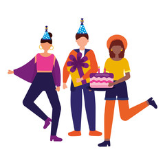 happy women and man with cake gift birthday celebration