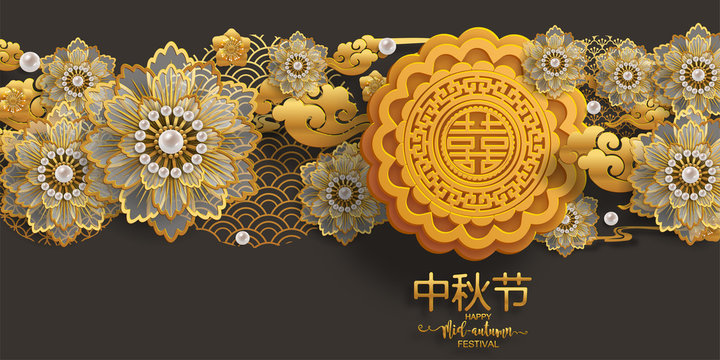 Mid Autumn festival or Moon festival with rabbit and moon, mooncake ,flower,chinese lanterns with gold paper cut style on color Background. 