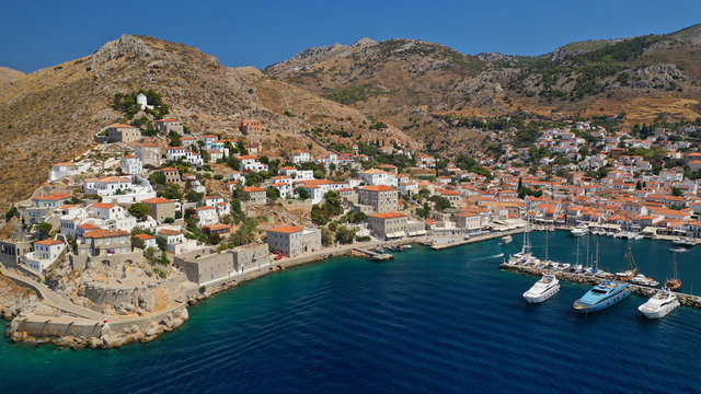 Aerial drone photo from picturesque main town of Hydra or Ydra island, Saronic gulf, Greece
