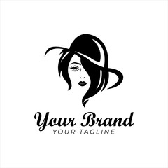 stylish woman's face using hat logo template