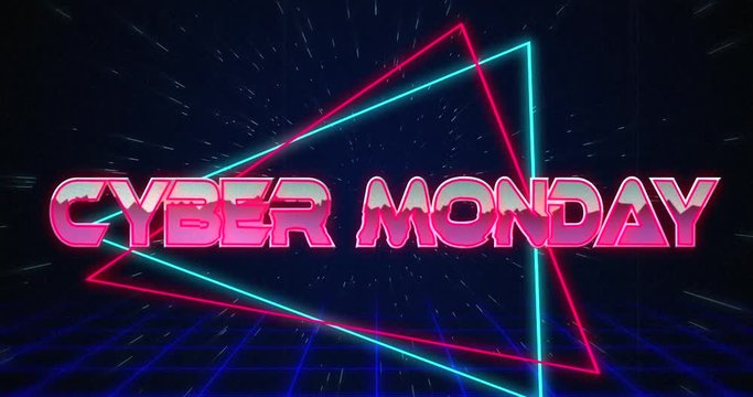 Retro Cyber Monday text glitching over blue and red triangles 4k