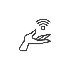 Hand with Wi-Fi line icon. Free wireless network linear style sign for mobile concept and web design. Share wi fi signal outline vector icon. Symbol, logo illustration. Vector graphics