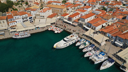 Aerial drone photo of picturesque port and main village of Hydra or Ydra island with beautiful neoclassic houses, Saronic gulf, Greece