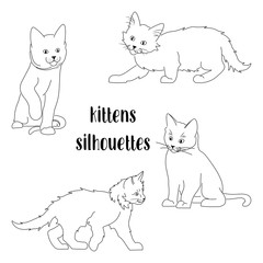 vector black lines kittens silhouettes on white background