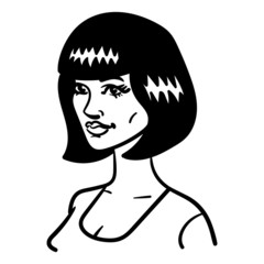 monochrome vector illustration of a woman with 20s hairstyle.  scribble, outline, comic, ink, sketch, doodle, vector, illustration, line, cartoon, black, white, drawing, stroke, monochrome.