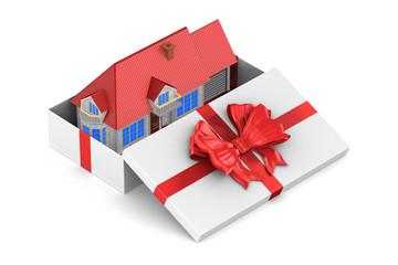 open white gift box and house on white background. Isolated 3D illustration