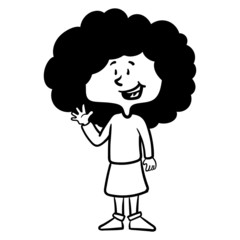 monochrome vector illustration of a young girl with black curly hair who is laughing and waving. scribble, outline, comic, ink, sketch, doodle, line, cartoon, black, white, drawing, stroke