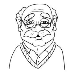 Cartoon drawing of an old grandpa with mustache and glasses.  Vector, Character, Outline, Doodle, Illustration.