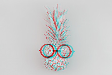 Funny black and white pineapple face with glasses on gray background with glitch effect. Back to school or sale school stationery concept template