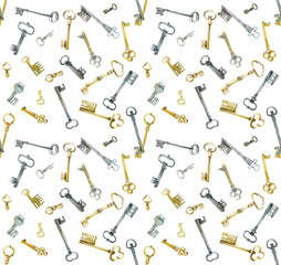 Seamless pattern. Old forged keys and locks. Watercolor hand drawn illustration
