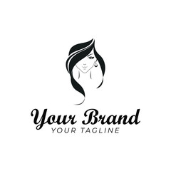 logo template of beautiful woman face and hair in black and white
