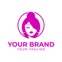 logo template of beautiful woman face and hair pink color in circle