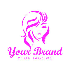 logo template of beautiful woman face and hair in pink color