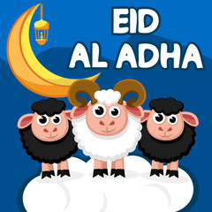White and black sheep stand on a cloud under the month. The Muslim holiday Eid al-Adha.