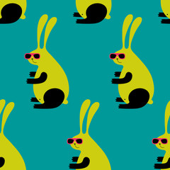 Cute cartoon hipster rabbit pattern with rabbit in sunglasses. Funny vector colorful hipster rabbit pattern. Seamless cheerful hipster rabbit pattern for textile, wallpapers, wrap, cards and web.