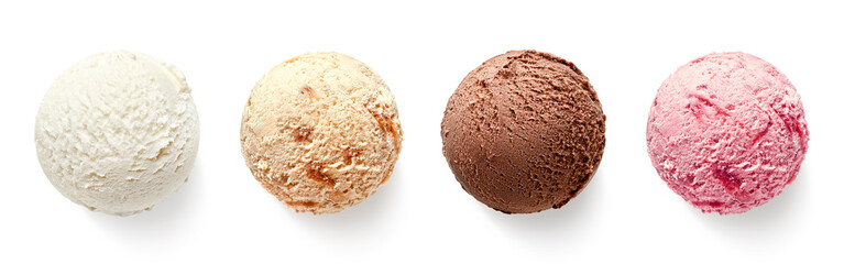 Set of four various ice cream balls or scoops - obrazy, fototapety, plakaty