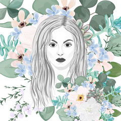 Vector illustration of a  girl with flowers.