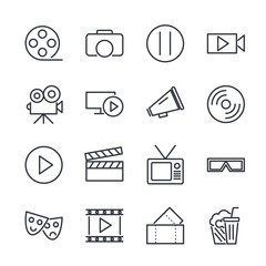 Set of Cinema Icon Related Vector Line. Contains such Icons as Movie Clip, Popcorn, Tickets, Film, video, shooting, editing and more.