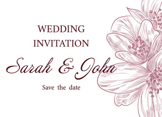 Wedding invitation card design with  gentle Jasmine flowers. Vector illustration. 