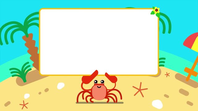 Walk cycle 2D animation. Smiling cute red crab walking on beach and looking at camera holding a white blank board or placard with copy space for advertisement or text. Made in 4K, loopable clip