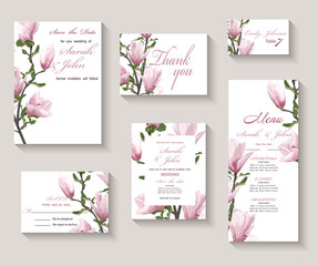 Wedding invitation with twig blooming Magnolia. Magnolia flowers, watercolor, isolated on white.  Vector Watercolour.