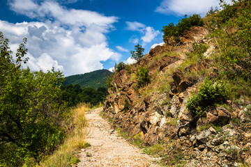 Fototapeta na wymiar Mountain footpath through forest along the rocks. This is the path to the ruins of the medieval castle Maglic in Serbia.