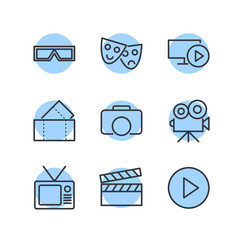 Set of Cinema Icon Related Vector Line. Contains such Icons as Movie Clip, Popcorn, Tickets, Film, video, shooting, editing and more.
