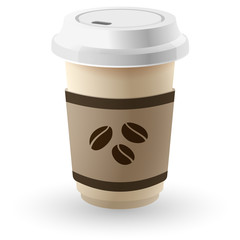 Realistic disposable coffee glass with shadow on white background.