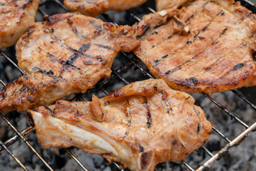meat steaks kebabs fried on charcoal grill close-up
