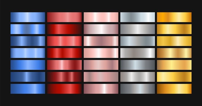 Gold silver bronze texture gradient background. Golden metal rose foil copper brass gradation collection for shiny chrome border, frame, ribbon, label design