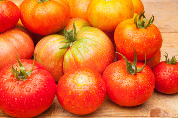Foto de conjunto de tomates maduros, tomates sanos, saludables de buen sabor, preparados para...
