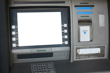 Street ATM teller machine with current operation. Blank screen for mockup